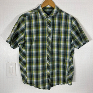 PRANA Green Blue Plaid Short Sleeve Pearl Snap Mens Size Small Organic Cotton